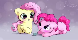 Size: 2000x1040 | Tagged: safe, artist:sverre93, derpibooru import, fluttershy, pinkie pie, earth pony, pegasus, pony, :3, :p, ball, behaving like a cat, blushing, cute, daaaaaaaaaaaw, diapinkes, female, filly, filly fluttershy, filly pinkie pie, floppy ears, fluffy, grin, hnnng, missing cutie mark, prone, shyabetes, smiling, sverre is trying to murder us, tongue out, weapons-grade cute, younger