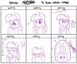 Size: 824x691 | Tagged: ..., angry, artist:shoutingisfun, book, chart, derpibooru import, doing hurtful things, doing loving things, eye clipping through hair, golden oaks library, looking at you, meme, meme parody, monochrome, nothing, safe, solo, twilight sparkle