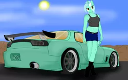 Size: 5616x3510 | Tagged: anthro, artist:mennorino, belly button, car, clothes, derpibooru import, fd, lyra heartstrings, mazda, mazda rx-7, midriff, solo, suggestive, tanktop