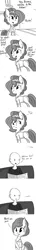 Size: 726x5082 | Tagged: safe, artist:tjpones, derpibooru import, oc, oc:brownie bun, oc:richard, unofficial characters only, earth pony, human, pony, horse wife, ask, grayscale, hairnet, kitchen, monochrome, newspaper, offscreen character, reading, tumblr