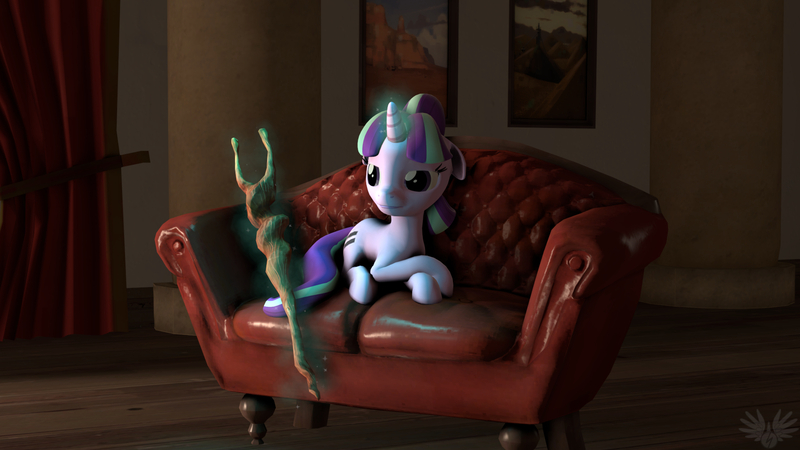 Size: 1920x1080 | Tagged: 3d, artist:drweegee1337, couch, derpibooru import, equal cutie mark, magic, painting, s5 starlight, safe, solo, source filmmaker, staff, staff of sameness, starlight glimmer
