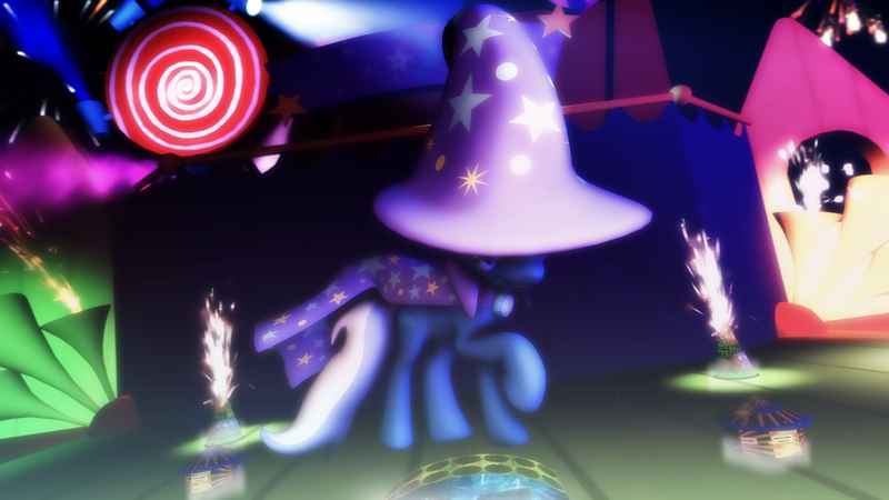 Size: 1920x1080 | Tagged: safe, artist:deadmanwalking289, derpibooru import, trixie, pony, unicorn, 3d, cape, clothes, covering eyes, female, fireworks, hat, mare, pose, show, source filmmaker, stage, trixie's cape, trixie's hat