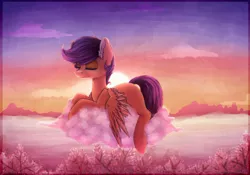 Size: 1999x1397 | Tagged: artist:kilamuri, cloud, derpibooru import, eyes closed, older, safe, scootaloo, signature, sitting, solo