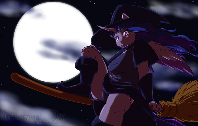 Size: 900x572 | Tagged: alicorn, alicorn oc, anthro, artist:ethanqix, broom, clothes, cloud, collar, derpibooru import, dress, flying, flying broomstick, full moon, halloween, hat, looking at you, moon, necklace, night, night sky, nudity, oc, oc:moonbrush, pinup, safe, smiling, solo, stars, unofficial characters only, witch, witch hat