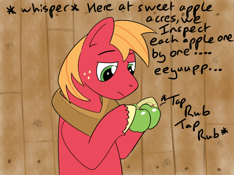 Size: 1200x900 | Tagged: safe, artist:laserbiskit, derpibooru import, big macintosh, earth pony, pony, apple, asmr, concentrating, dialogue, food, male, solo, stallion, tapping