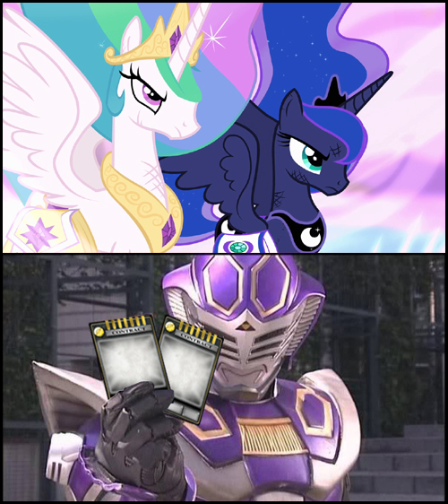 Size: 500x562 | Tagged: safe, derpibooru import, edit, edited screencap, screencap, princess celestia, princess luna, alicorn, pony, card, contract, crossover, female, kamen rider, kamen rider dragon knight, kamen rider ouja, kamen rider ryuki, kamen rider strike, mare, xk-class end-of-the-world scenario