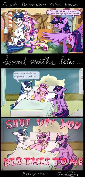 Size: 622x1285 | Tagged: safe, artist:lucidcolors, derpibooru import, princess cadance, shining armor, twilight sparkle, twilight sparkle (alicorn), alicorn, pony, the one where pinkie pie knows, comic, female, implied sex, labor, labor pains, mare, pregnant