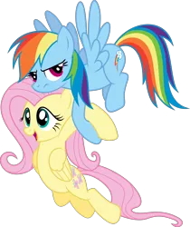 Size: 3338x3979 | Tagged: artist:shutterflyyay, carrying, cute, derpibooru import, fluttershy, flying, happy, may the best pet win, rainbow dash, role reversal, safe, shyabetes, simple background, transparent background, unamused, vector