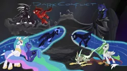 Size: 900x506 | Tagged: safe, artist:fiarel, derpibooru import, discord, nightmare moon, princess celestia, princess luna, oc, oc:nyx, alicorn, pony, alicorn oc