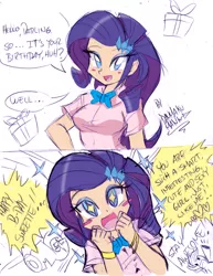 Size: 1232x1594 | Tagged: safe, artist:danmakuman, derpibooru import, rarity, human, birthday, bowtie, clothes, cute, danmakuman is trying to murder us, humanized, looking at you, open mouth, present, raribetes, solo, speech bubble, talking, wristband