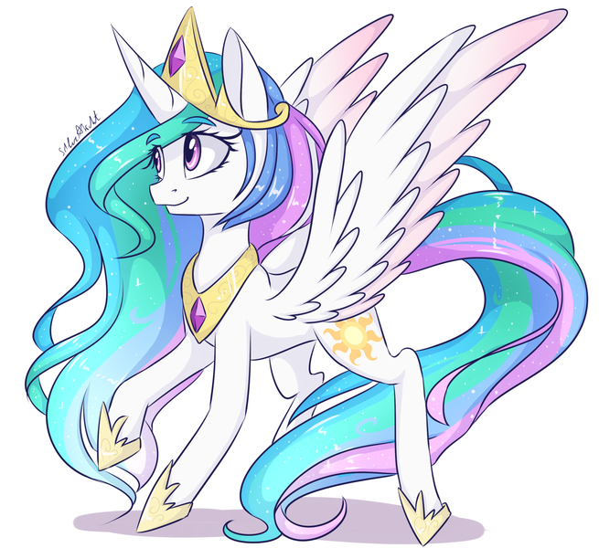 Size: 2400x2200 | Tagged: artist:silbersternenlicht, derpibooru import, princess celestia, raised hoof, safe, signature, simple background, solo, white background