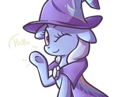 Size: 750x600 | Tagged: safe, artist:spikedmauler, derpibooru import, trixie, pony, unicorn, cute, diatrixes, female, hello, looking at you, mare, simple background, solo, wink