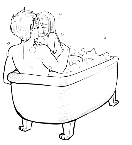 Size: 1280x1399 | Tagged: suggestive, artist:rileyav, derpibooru import, big macintosh, marble pie, human, bath, bathtub, blushing, breasts, bubble, bubble bath, claw foot bathtub, cuddling, eyes closed, female, grayscale, heart, hug, humanized, implied sex, kissing, male, marblemac, monochrome, nudity, open mouth, romantic, shipping, sideboob, snuggling, straight