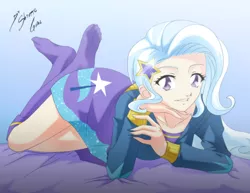 Size: 2786x2153 | Tagged: adorasexy, artist:shinta-girl, clothes, cute, derpibooru import, equestria girls outfit, feet, female, human, humanized, missing shoes, sexy, socks, solo, solo female, stockings, suggestive, trixie