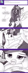 Size: 736x1920 | Tagged: suggestive, artist:deusexequus, derpibooru import, queen chrysalis, twilight sparkle, twilight sparkle (alicorn), alicorn, pony, ask the princess of friendship with benefits, ask, comic, dialogue, female, lesbian, licking, mare, shipping, speech bubble, tickling, tongue out, tumblr, twisalis