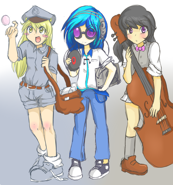 Size: 1850x1986 | Tagged: artist:applestems, bubble, clothes, converse, derpibooru import, derpy hooves, human, humanized, octavia melody, safe, shoes, sunglasses, underp, vinyl scratch