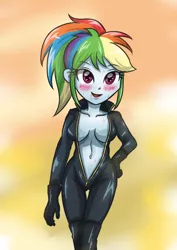 Size: 2728x3858 | Tagged: suggestive, artist:sumin6301, derpibooru import, rainbow dash, equestria girls, adorasexy, belly button, blushing, breasts, busty rainbow dash, catsuit, cleavage, clothes, cute, female, gloves, latex, latex suit, looking at you, open mouth, sexy, solo, solo female, tight clothing, zipper