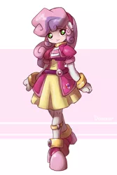 Size: 1600x2400 | Tagged: safe, artist:thegreatrouge, derpibooru import, sweetie belle, crusaders of the lost mark, equestria girls, armor, bracelet, clothes, crossed legs, crossover, cutie mark, looking at you, megaman, megaman zero, solo, the cmc's cutie marks