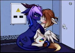 Size: 2152x1525 | Tagged: suggestive, artist:xn-d, derpibooru import, oc, oc:kariana, oc:loga, unofficial characters only, dracony, hybrid, blushing, drool, drool string, female, hug, kissing, male, shipping, sloppy kissing, straight, tongue out