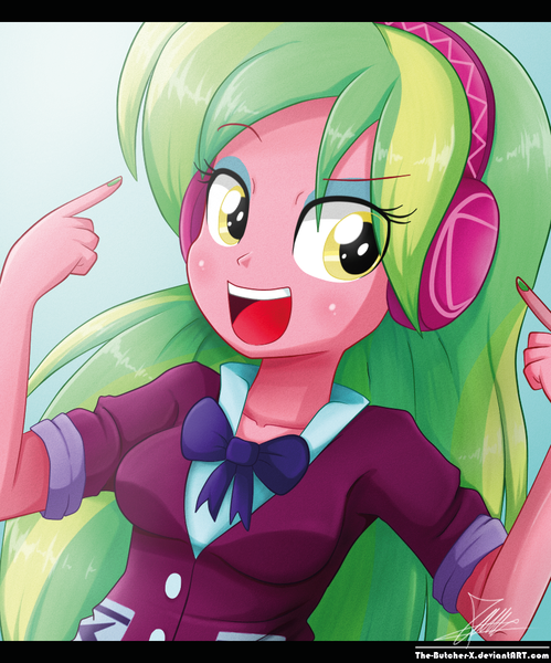 Size: 850x1022 | Tagged: safe, artist:the-butch-x, derpibooru import, lemon zest, equestria girls, friendship games, bowtie, breasts, clothes, crystal prep academy, crystal prep academy uniform, crystal prep shadowbolts, female, headphones, long hair, open mouth, school uniform, signature, solo