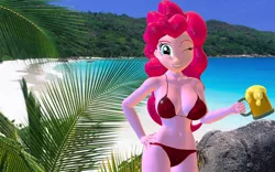 Size: 1280x800 | Tagged: suggestive, artist:asmodeusthesexlord, artist:creatorofpony, derpibooru import, pinkie pie, equestria girls, 3d, beach, belly button, big breasts, bikini, breasts, busty pinkie pie, clothes, female, gmod, ocean, solo, solo female, swimsuit, wink