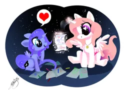 Size: 2000x1485 | Tagged: artist:opalacorn, cewestia, cute, derpibooru import, drawing, filly, heart, magic, pink-mane celestia, princess celestia, princess luna, safe, sisters, speech bubble, telekinesis, woona, younger