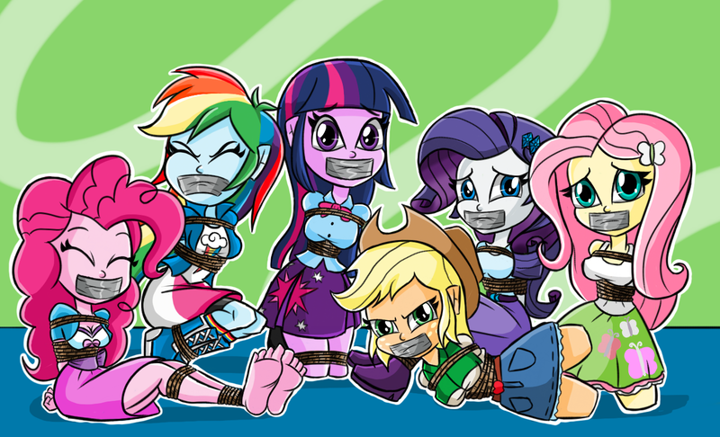 Size: 1315x799 | Tagged: suggestive, artist:gaggeddude32, derpibooru import, applejack, fluttershy, pinkie pie, rainbow dash, rarity, twilight sparkle, twilight sparkle (alicorn), equestria girls, barefoot, bondage, boots, breast bondage, breasts, clothes, cowboy hat, denim skirt, eyes closed, feet, female, females only, gag, group, hat, humane six, jackpot, kidnapped, kneeling, looking at you, mane six, pleated skirt, rainbond dash, ropes, shorts, sitting, skirt, socks, stetson, struggling, tape gag, wrapped up