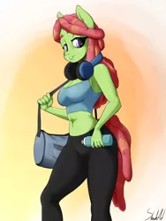 Size: 1200x1600 | Tagged: suggestive, artist:skecchiart, derpibooru import, tree hugger, anthro, earth pony, abs, armpits, belly button, breasts, busty tree hugger, cleavage, clothes, curvy, duffle bag, female, headphones, looking at you, midriff, signature, solo, solo female, tanktop, thunder thighs, water bottle, wide hips, yoga pants