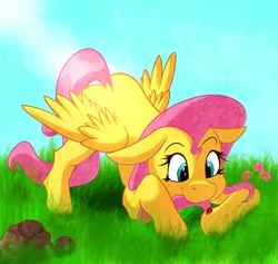 Size: 1711x1621 | Tagged: safe, derpibooru import, fluttershy, ladybug, pegasus, pony, creamy art, cute, flank up, floppy ears, lens flare, shyabetes, smiling, solo