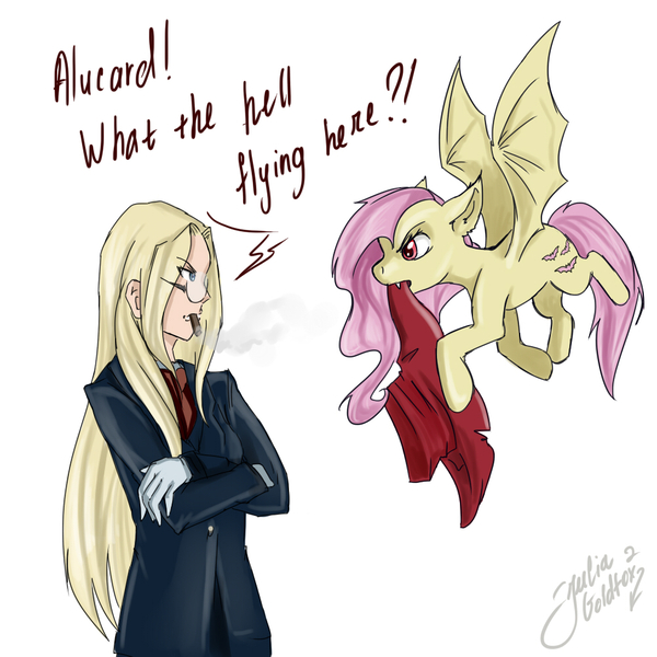 Size: 1000x1000 | Tagged: safe, artist:juliagoldfox, derpibooru import, fluttershy, bat pony, pony, alushy, crossover, flutterbat, grammar error, hellsing, sir integra, the crimson fluttr