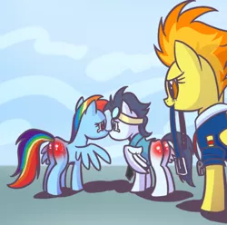 Size: 880x872 | Tagged: suggestive, artist:night-glare, derpibooru import, rainbow dash, soarin', spitfire, pony, abuse, belt, crying, dashabuse, female, male, punishment, shipping, soarindash, spanked, spanking, straight, wonderbolts dress uniform