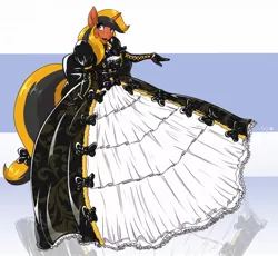 Size: 1280x1176 | Tagged: safe, artist:helixjack, derpibooru import, oc, oc:help desk, unofficial characters only, anthro, unicorn, bow, clothes, commission, dress, gloves, goth, gown, horn, latex, latex dress, poofy shoulders, rubber, ruffles, solo, tail bow, unicorn oc