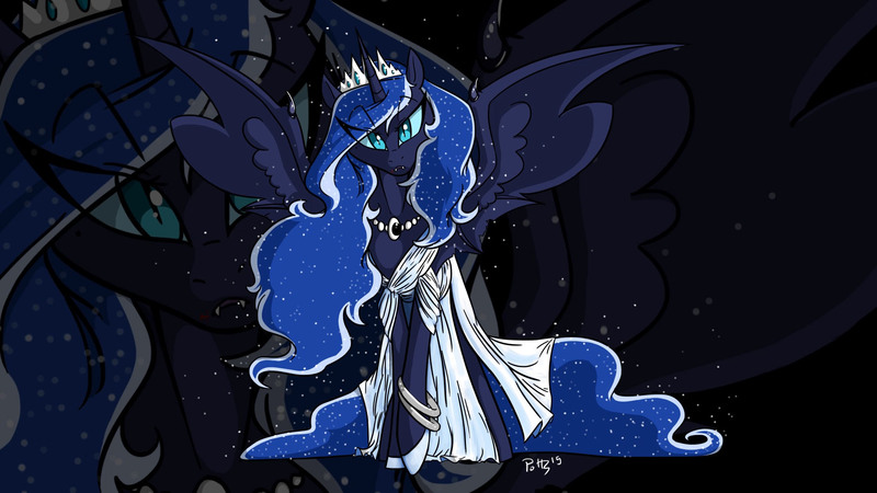 Size: 1920x1080 | Tagged: artist:assassin-or-shadow, clothes, derpibooru import, dress, fangs, nightmare luna, princess luna, safe, solo, vampire, wallpaper