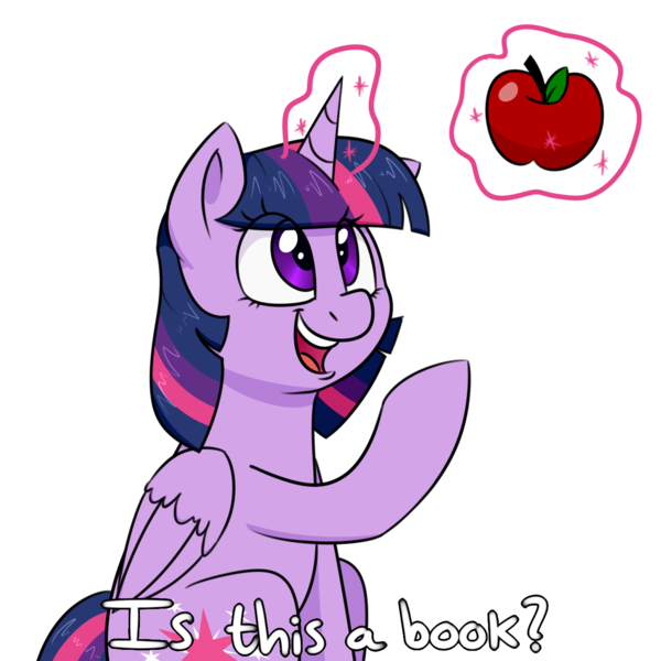 Size: 1300x1300 | Tagged: safe, artist:notenoughapples, derpibooru import, twilight sparkle, twilight sparkle (alicorn), alicorn, pony, apple, cute, female, food, is this a pigeon, magic, mare, open mouth, pointing, simple background, sitting, smiling, solo, telekinesis, that pony sure does love books, transparent background, twiabetes