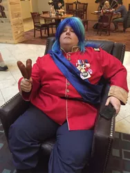 Size: 720x960 | Tagged: artist:capt. silver spur, bhm, clothes, corn, corndog, cosplay, costume, derpibooru import, fat, foaly matripony, food, francis sparkle, friendship is witchcraft, human, irl, irl human, meat, photo, rotl 2015, rotlcon, safe, sausage, shining armor