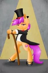 Size: 1280x1920 | Tagged: safe, artist:violyre, derpibooru import, scootaloo, pony, crusaders of the lost mark, bipedal, cane, clothes, cutie mark, hat, high heels, mary janes, shoes, solo, spotlight, suit, suitaloo, tailcoat, the cmc's cutie marks, top hat