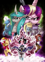 Size: 1169x1603 | Tagged: safe, artist:saturdaymorningproj, derpibooru import, idw, derpy hooves, gilda, king sombra, maud pie, princess cadance, queen chrysalis, sunset shimmer, trixie, alicorn, changeling, gryphon, pony, comic:of kings and changelings, bright eyes (mirror universe), comic, evil cadance, former good king sombra, good king sombra, mirror universe, race swap, reversalis, trixiecorn
