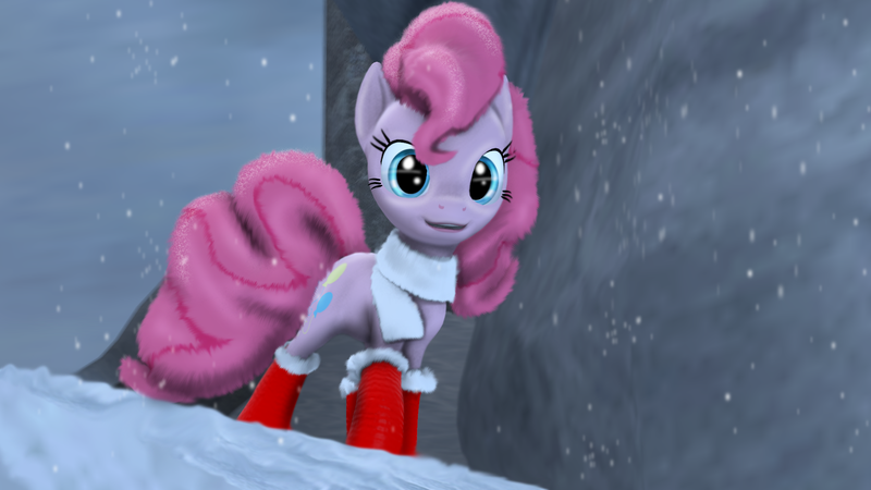 Size: 1920x1080 | Tagged: safe, artist:skrittzs, derpibooru import, pinkie pie, 3d, boots, clothes, scarf, snow, snowfall, solo