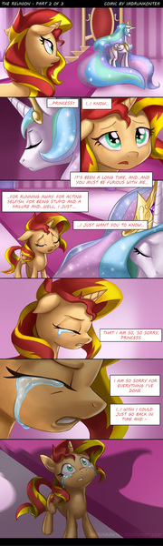 Size: 600x2000 | Tagged: safe, artist:imdrunkontea, derpibooru import, princess celestia, sunset shimmer, pony, comic:the reunion, apology, begging, comic, crying, dialogue, hilarious in hindsight, reunion, the prodigal sunset