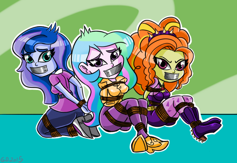 Size: 1157x799 | Tagged: suggestive, artist:gaggeddude32, derpibooru import, adagio dazzle, princess celestia, princess luna, equestria girls, arm behind back, bondage, breast bondage, breasts, duct tape, female, females only, gag, jackpot, kidnapped, knee tied, principal celestia, rope, tape gag, tied up, vice principal luna