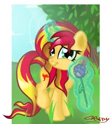 Size: 800x900 | Tagged: safe, artist:sunsetcrady, derpibooru import, sunset shimmer, pony, unicorn, equestria girls, cute, flower, horn, levitation, magic, offering, rose, shimmerbetes, signature, solo, telekinesis, violet (flower)