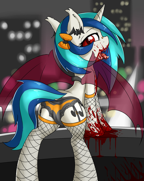 Size: 2000x2500 | Tagged: questionable, semi-grimdark, artist:fearingfun, derpibooru import, edit, vinyl scratch, pony, unicorn, vampire, black underwear, blood, cameltoe, clothes, fake wings, fangs, female, fishnets, hair bow, hematolagnia, hooves, horn, lipstick, looking at you, looking back, looking back at you, mare, panties, red eyes, solo, solo female, teeth, tongue out, underwear, vinyl the vampire