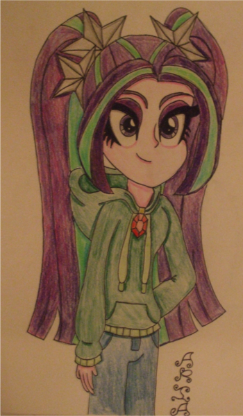 Size: 810x1389 | Tagged: safe, artist:blazingdazzlingdusk, derpibooru import, aria blaze, equestria girls, rainbow rocks, clothes, drawing, hoodie, smiling, solo, the dazzlings, traditional art, when she smiles