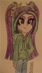 Size: 810x1389 | Tagged: safe, artist:blazingdazzlingdusk, derpibooru import, aria blaze, equestria girls, rainbow rocks, clothes, drawing, hoodie, smiling, solo, the dazzlings, traditional art, when she smiles