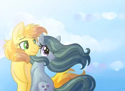 Size: 1024x751 | Tagged: safe, artist:dreamscapevalley, derpibooru import, braeburn, marble pie, pony, a happy ending for marble pie, braeble, crack shipping, cute, ear fluff, female, flowing mane, looking back, male, mare, shipping, sitting, smiling, stallion, straight, windswept mane