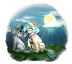 Size: 1243x1114 | Tagged: artist:gela98, cloud, coco pommel, crepuscular rays, derpibooru import, friendshipping, grass, marble pie, safe, sitting, sun