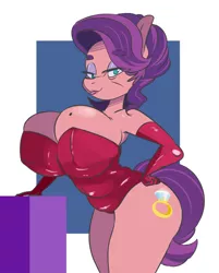 Size: 1280x1593 | Tagged: suggestive, artist:smutbooru, derpibooru import, spoiled rich, anthro, earth pony, armpits, ass, big breasts, breasts, bunny suit, busty spoiled rich, cleavage, clothes, cutie mark, evening gloves, female, gloves, hair, huge breasts, impossibly large breasts, leotard, milf, mole, mother, sexy, sideass, solo, solo female, spoiled milf, stupid sexy spoiled rich, tail, wrinkles