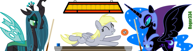 Size: 3782x1003 | Tagged: safe, artist:roger334, derpibooru import, derpy hooves, nightmare moon, queen chrysalis, pegasus, pony, billiards, female, inkscape, mare, ponyscape, pool table, simple background, transparent background, vector