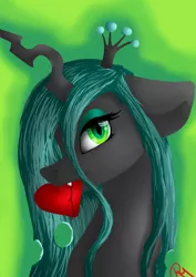 Size: 2480x3496 | Tagged: artist:moon-wing, blood, derpibooru import, heart, looking at you, mouth hold, portrait, queen chrysalis, safe, solo