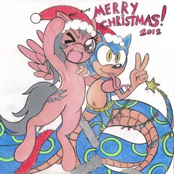 Size: 1024x1020 | Tagged: armpits, artist:spectrum-sparkle, christmas, christmas lights, crossover, derpibooru import, firefly, g1, g1 to g4, generation leap, hat, lamia, merry christmas, original species, safe, santa hat, sonic the hedgehog, sonic the hedgehog (series)